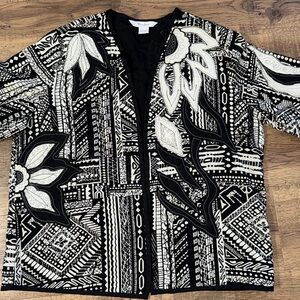 TANJAY Black and Cream Patterned Women's Cardigan Size L/G